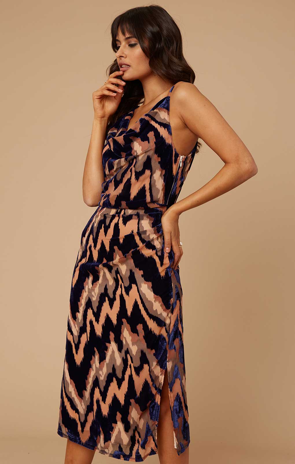 Little Mistress Joey Navy Velvet Burnout Cowl-Neck Midi Dress