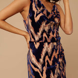 Little Mistress Joey Navy Velvet Burnout Cowl-Neck Midi Dress