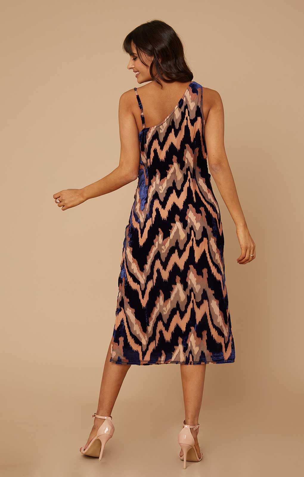 Little Mistress Joey Navy Velvet Burnout Cowl-Neck Midi Dress