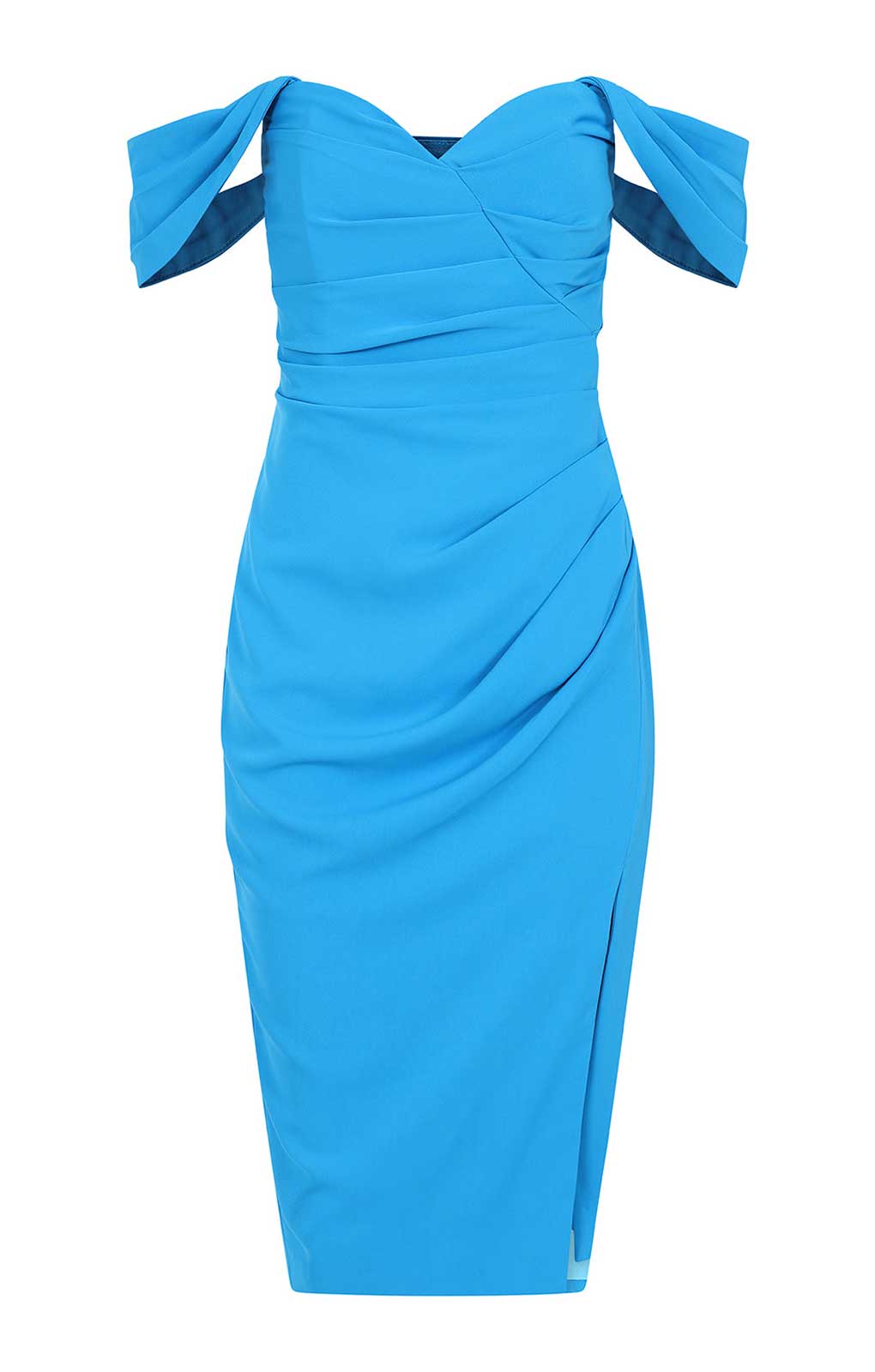 Lavish Alice Pleated Off Shoulder Midi Dress in Blue