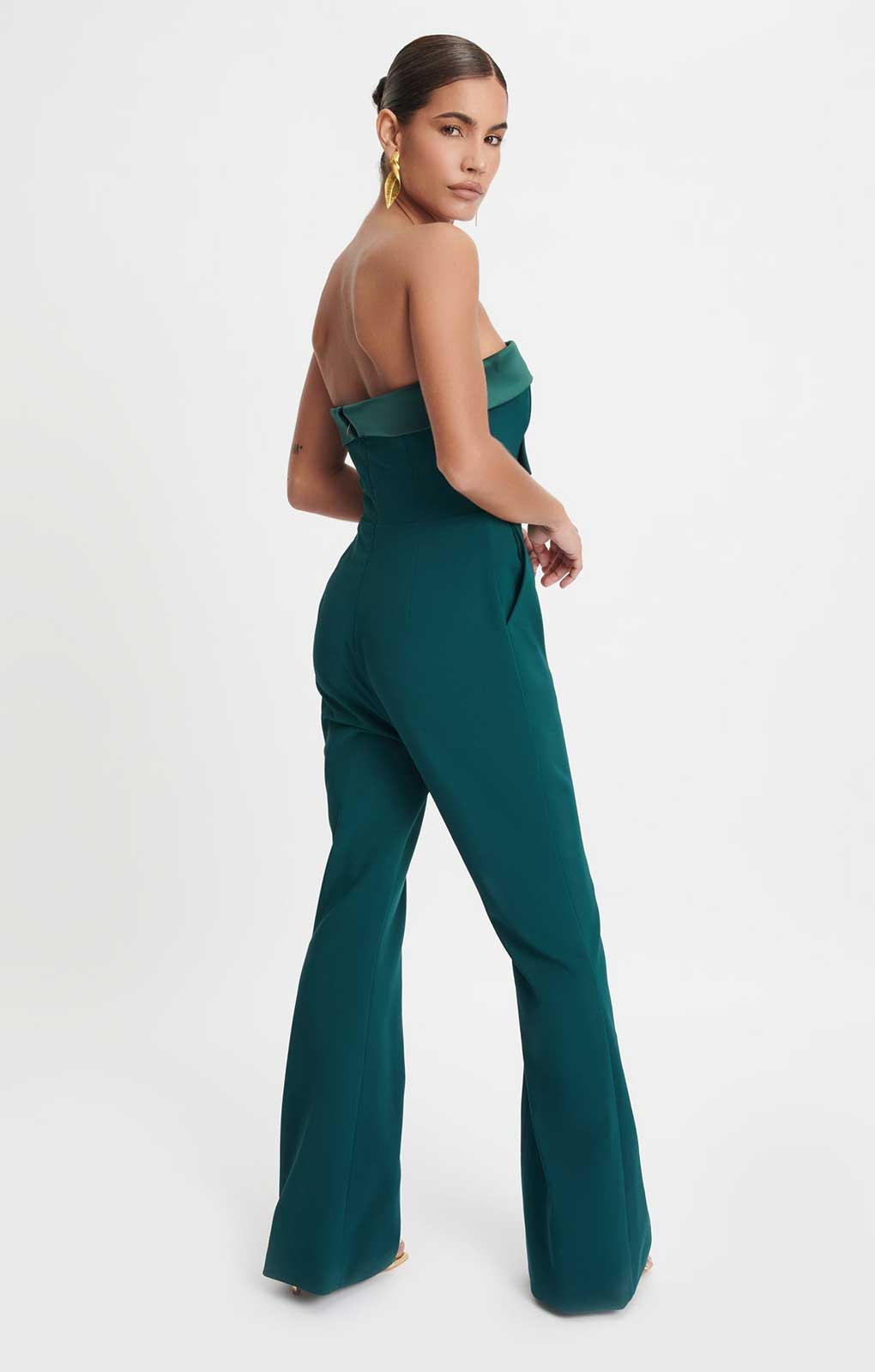 Lavish Alice Satin Mix Bandeau Bow Detail Jumpsuit in Emerald