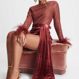 Lavish Alice Beaded and Sequin Velvet Mix Mini Dress in Burgundy