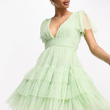 Lace & Beads Bridesmaid Madison V Neck Tulle Mini Dress In Sage