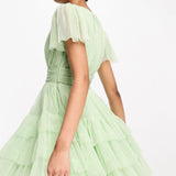 Lace & Beads Bridesmaid Madison V Neck Tulle Mini Dress In Sage