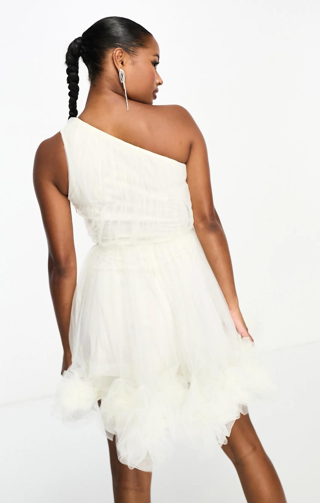 Rent Lace & Beads Petite Exclusive One Shoulder Ruffle Hem Tulle Mini Dress In Ivory | Hirestreet Rent Lace & Beads Petite Exclusive One Shoulder Ruffle Hem Tulle Mini Dress In Ivory | Hirestreet