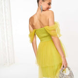 Lace & Beads Off Shoulder Tulle Mini Dress In Olive