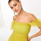 Lace & Beads Off Shoulder Tulle Mini Dress In Olive