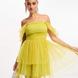 Lace & Beads Off Shoulder Tulle Mini Dress In Olive