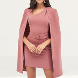Lavish Alice Asymmetric Neck Mini Cape Dress In Dusty Rose product image