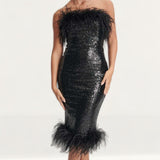 Lavish Alice Bandeau Midi Dress with Feather Trim in Black Sequin product image