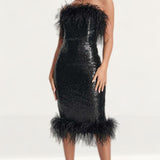 Lavish Alice Bandeau Midi Dress with Feather Trim in Black Sequin