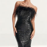 Lavish Alice Bandeau Midi Dress with Feather Trim in Black Sequin