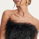 Lavish Alice Bandeau Midi Dress with Feather Trim in Black Sequin