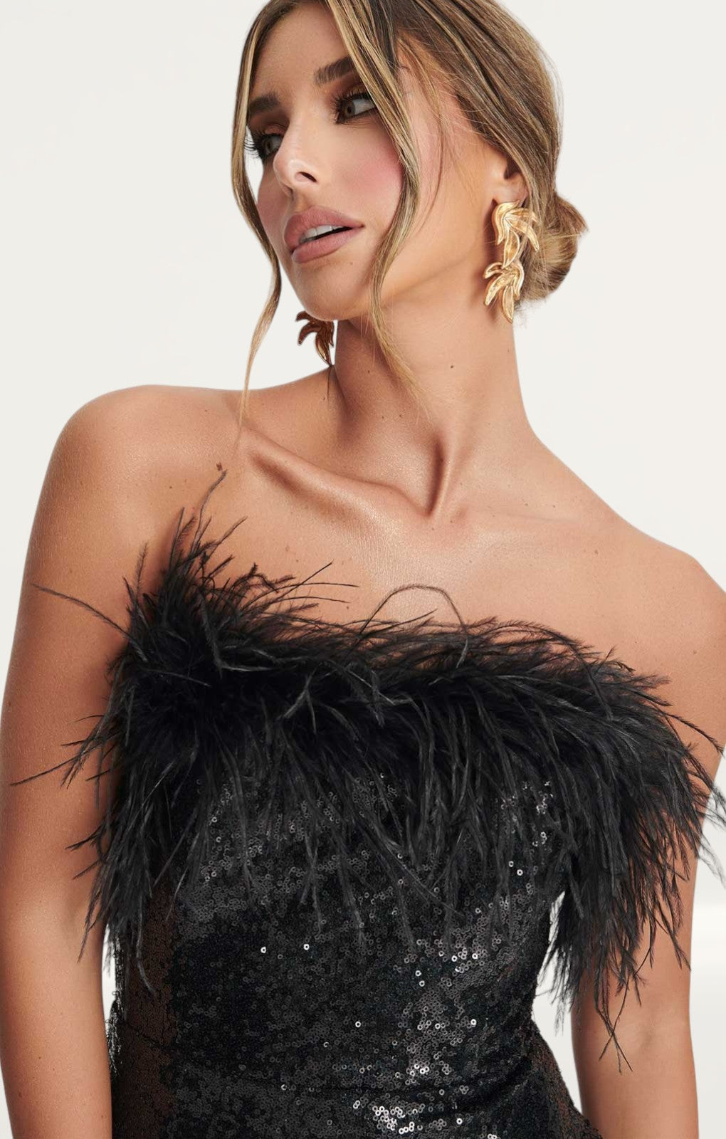 Rent Lavish Alice Bandeau Midi Dress with Feather Trim in Black