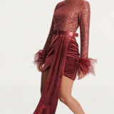 Lavish Alice Beaded and Sequin Velvet Mix Mini Dress in Burgundy