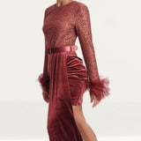 Lavish Alice Beaded and Sequin Velvet Mix Mini Dress in Burgundy