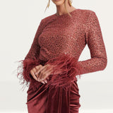 Lavish Alice Beaded and Sequin Velvet Mix Mini Dress in Burgundy