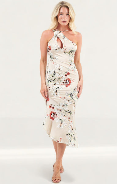 Rent Lavish Alice Beige Floral One Shoulder Midi Dress