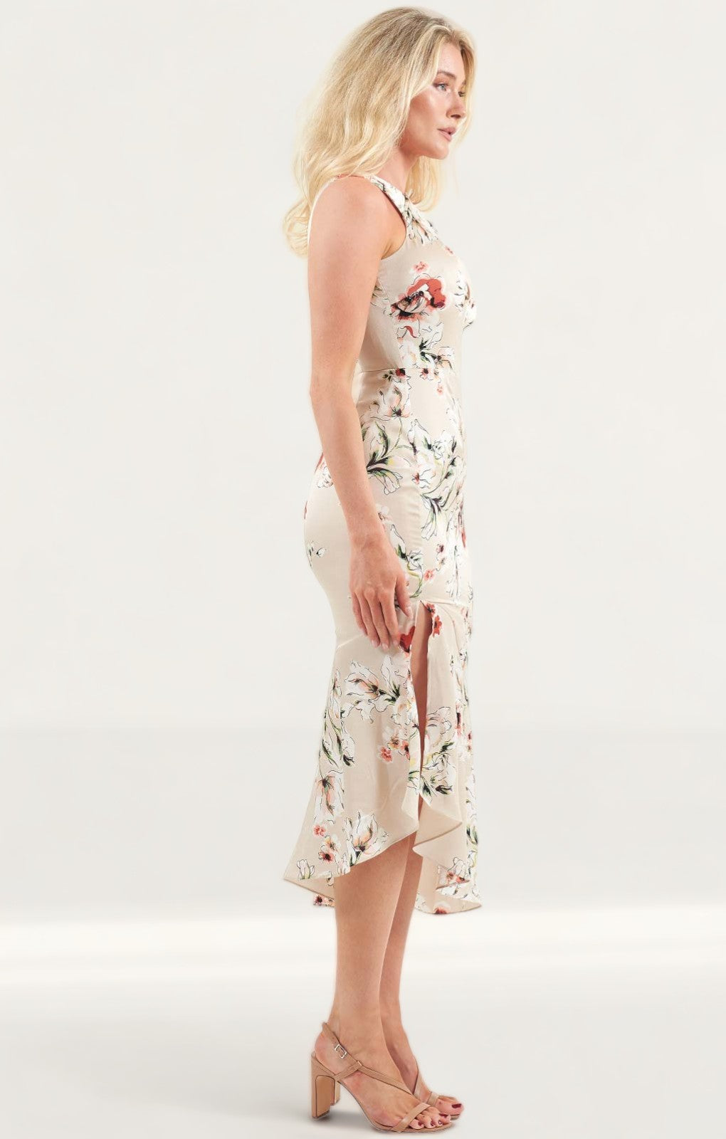 Lavish Alice Beige Floral One Shoulder Midi Dress product image