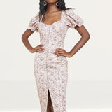 Lavish Alice Beige Floral Underwire Corset Puff Sleeve Midi Dress
