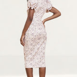 Lavish Alice Beige Floral Underwire Corset Puff Sleeve Midi Dress