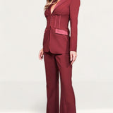 Lavish Alice Burgundy Corset Style Tailored Jacket And Flare Trousers