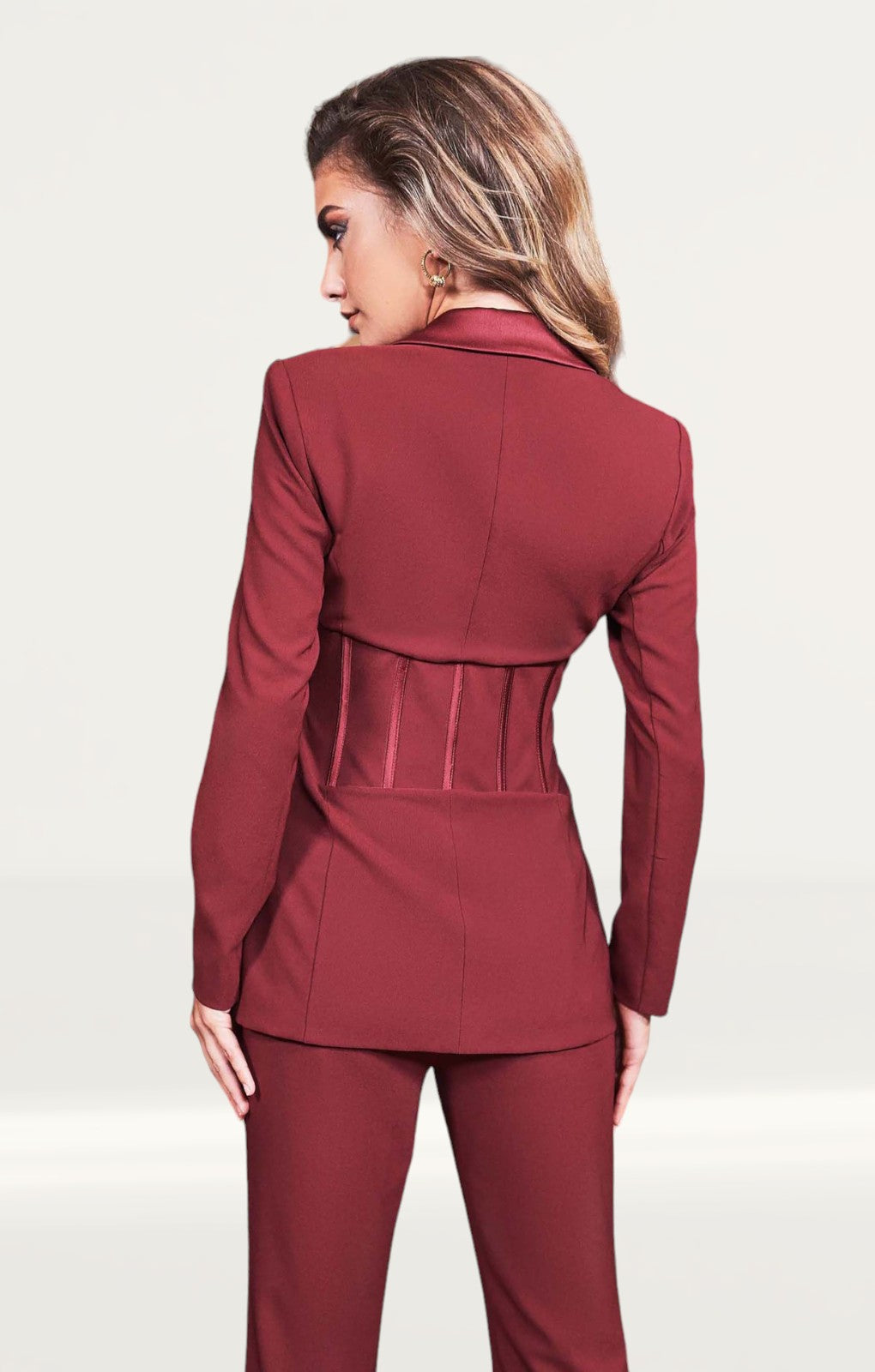 Lavish Alice Burgundy Corset Style Tailored Jacket And Flare Trousers product image