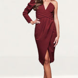 Lavish Alice Burgundy Pleated Waist One Sleeve Midi Dress