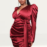 Lavish Alice Burgundy Satin Wrap Mini Dress