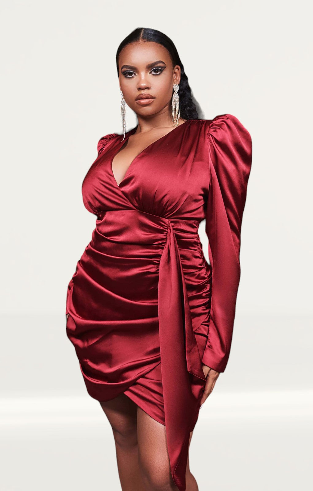 Lavish Alice Burgundy Satin Wrap Mini Dress
