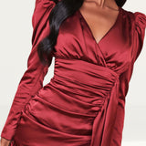Lavish Alice Burgundy Satin Wrap Mini Dress