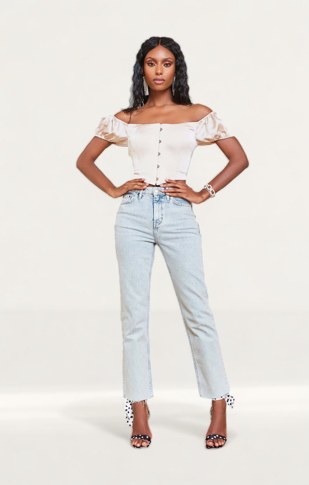 Lavish Alice Champagne Bardot Puff Sleeve Corset Top