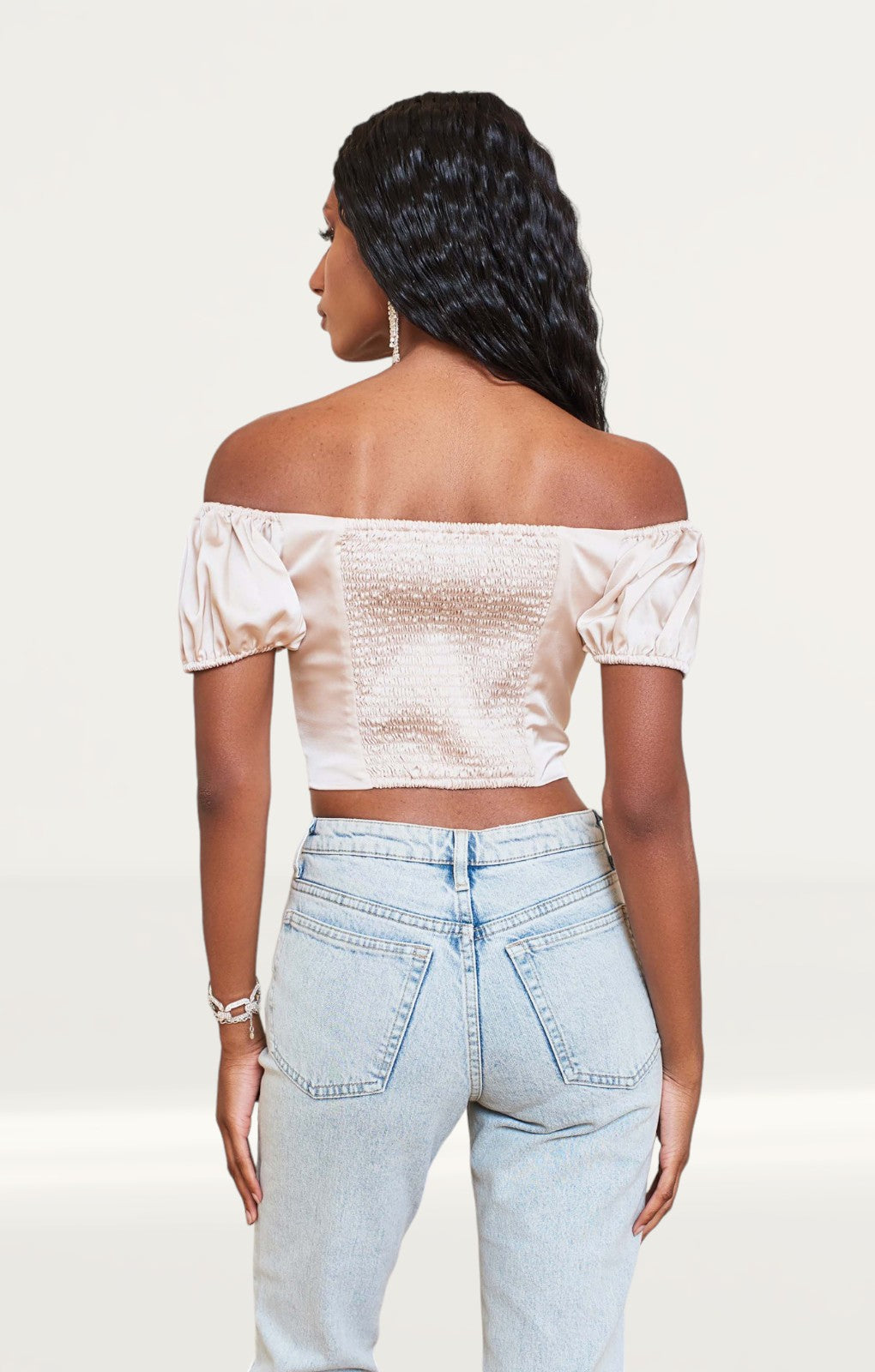 Lavish Alice Champagne Bardot Puff Sleeve Corset Top