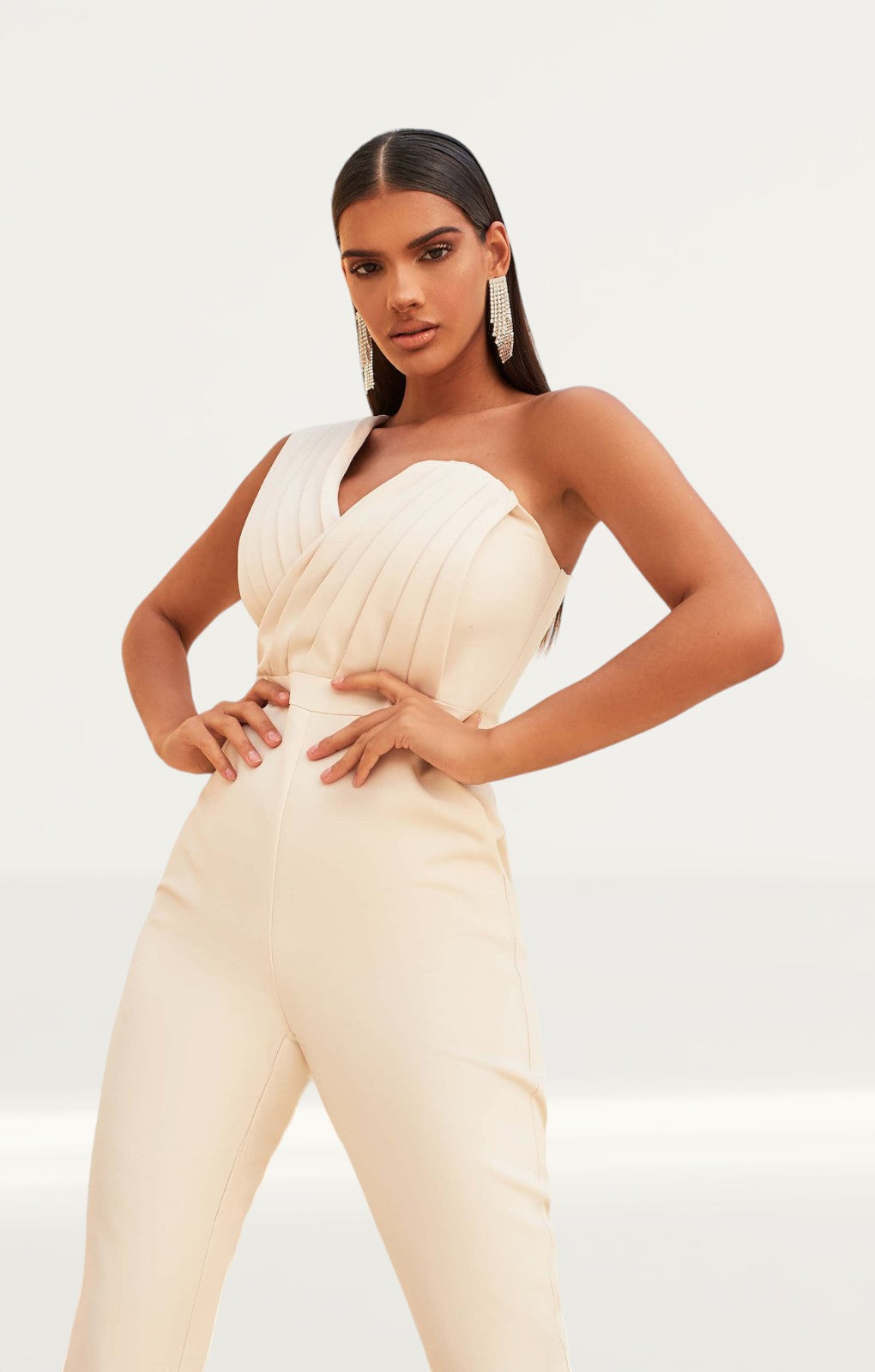 Lavish Alice Champagne One Shoulder Pleated Jumpsuit