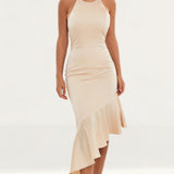 Lavish Alice Champagne Satin Asymmetric Button Back Midi Dress product image