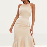 Lavish Alice Champagne Satin Asymmetric Button Back Midi Dress product image