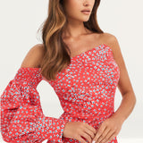 Lavish Alice Coral Floral One Balloon Sleeve Mini Dress