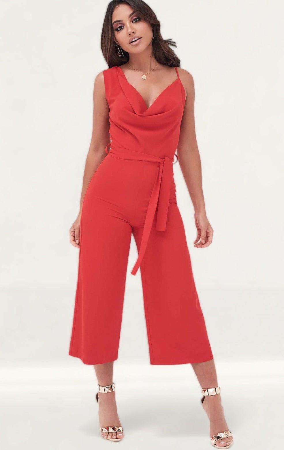 Lavish Alice Cowl Neck Culotte Jumpsuit In Red