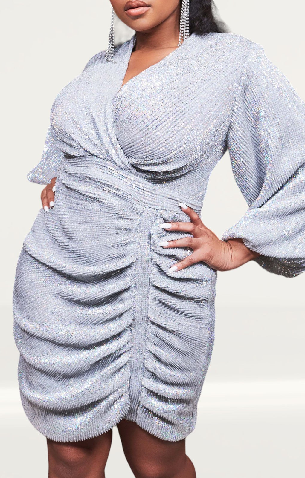 Lavish Alice Curve Silver Balloon Sleeve Pleated Sequin Mini Dress product image