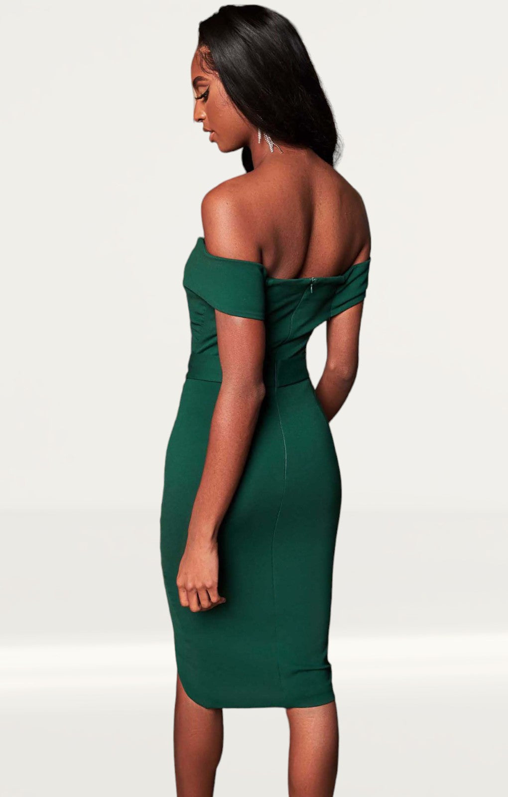 Lavish Alice Forest Green Bardot Ruched Side Midi Dress