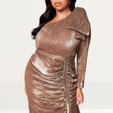 Lavish Alice Gold One Sleeve Bow Shoulder Sequin Midi Dress product image