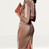 Lavish Alice Gold One Sleeve Bow Shoulder Sequin Midi Dress product image