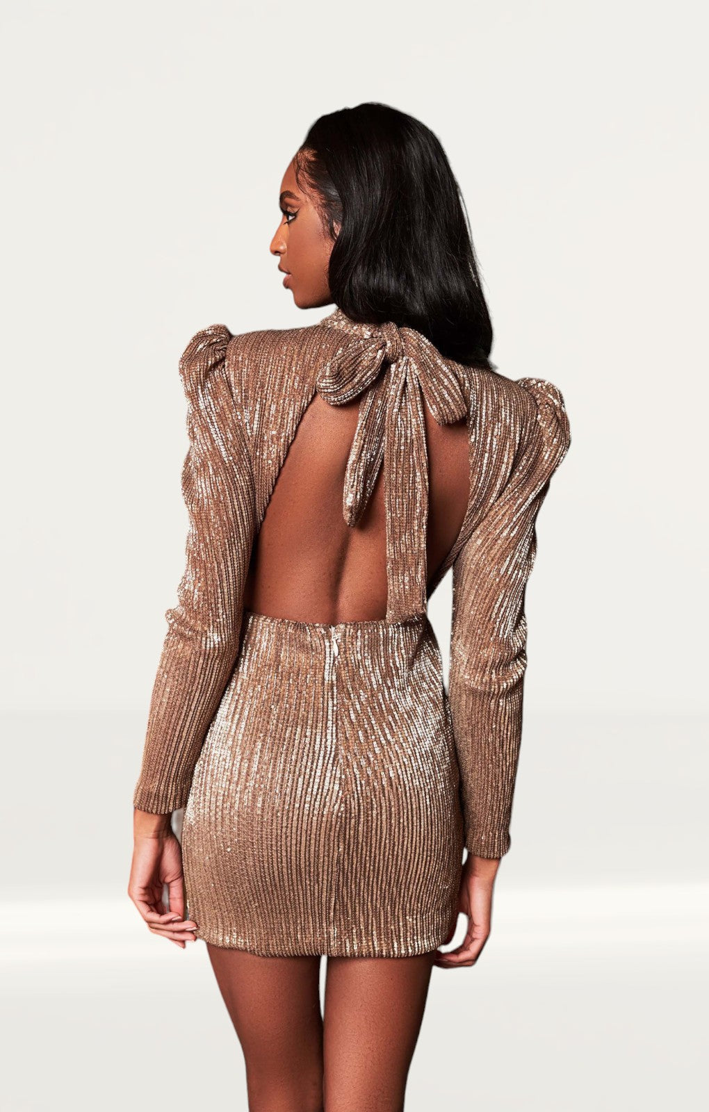 Lavish Alice Gold Open Back Sequin Mini Dress With Bow Detail