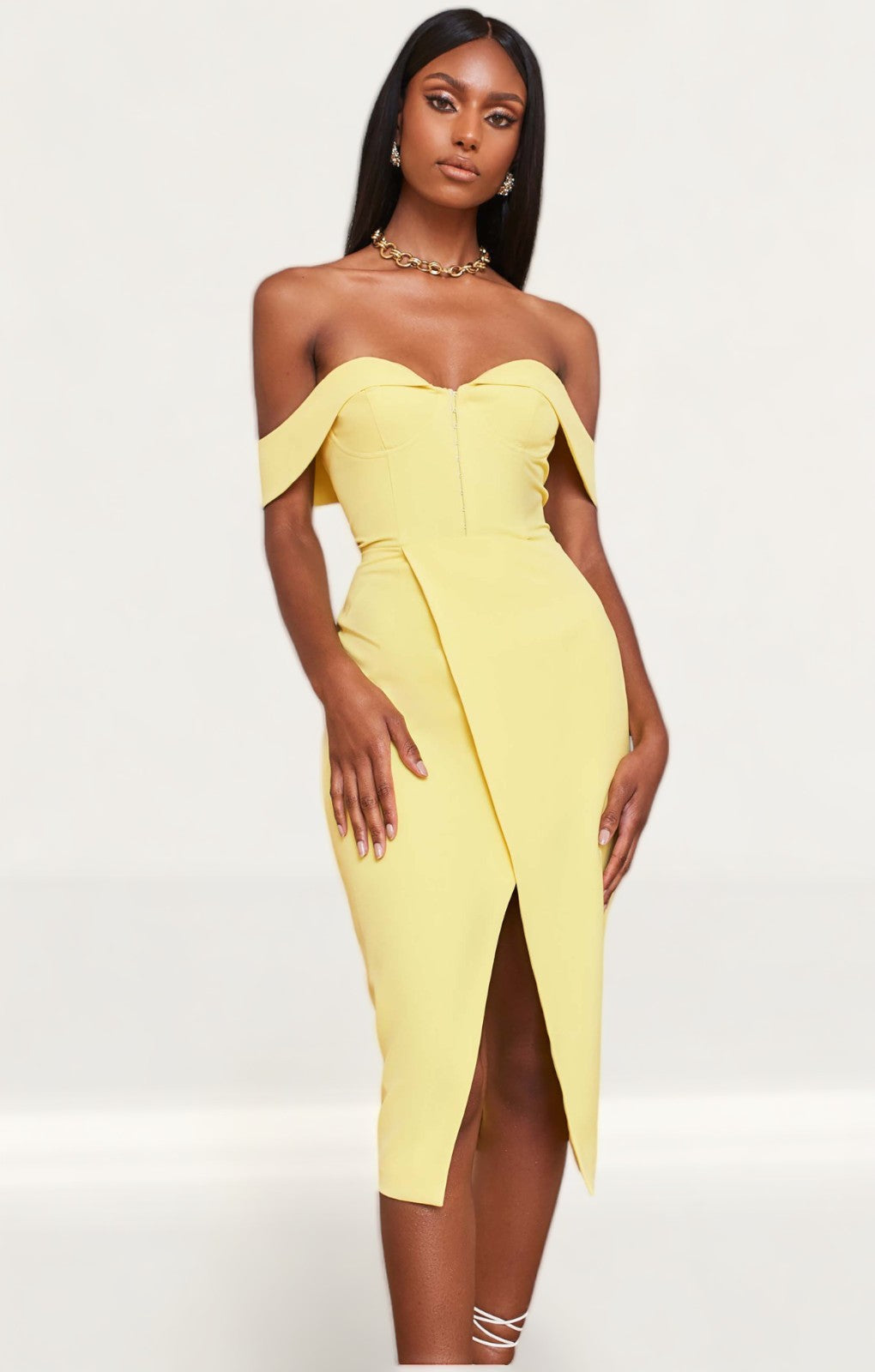 Lavish Alice Lemon Bustier Corset Wrap Midi Dress
