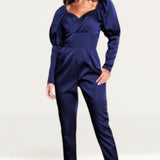 Lavish Alice Midnight Blue Puff Sleeve Satin Jumpsuit