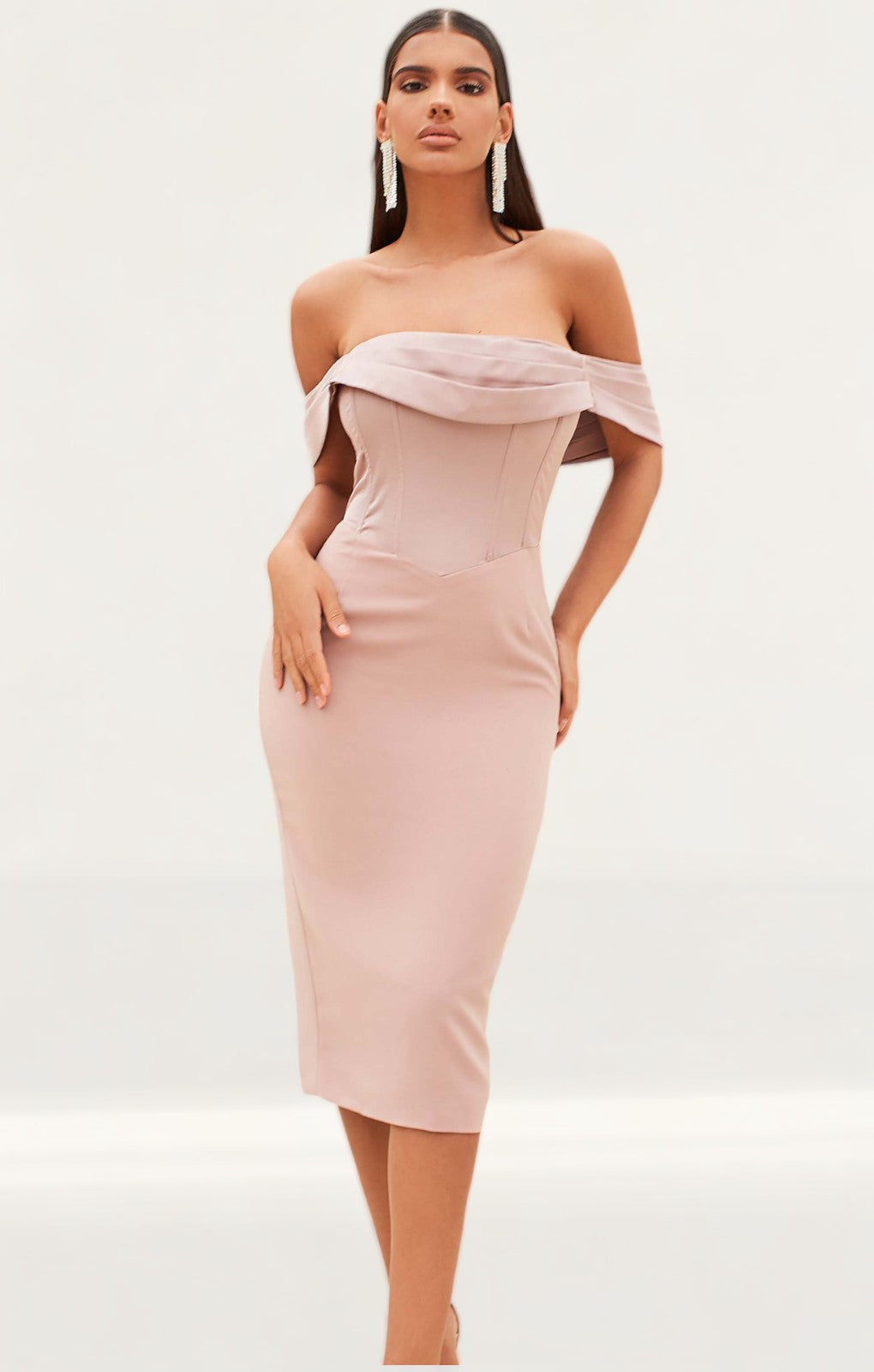 Lavish Alice Mink Pleated Bardot Satin Mix Midi Dress product image