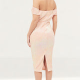 Lavish Alice Off Shoulder Ruched Midi Dress In Light Pink Sequin product image