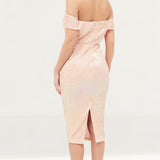 Lavish Alice Off Shoulder Ruched Midi Dress In Light Pink Sequin