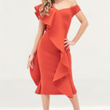 Lavish Alice Off The Shoulder Exaggerated Frill Scuba Midi Dress In Red product image