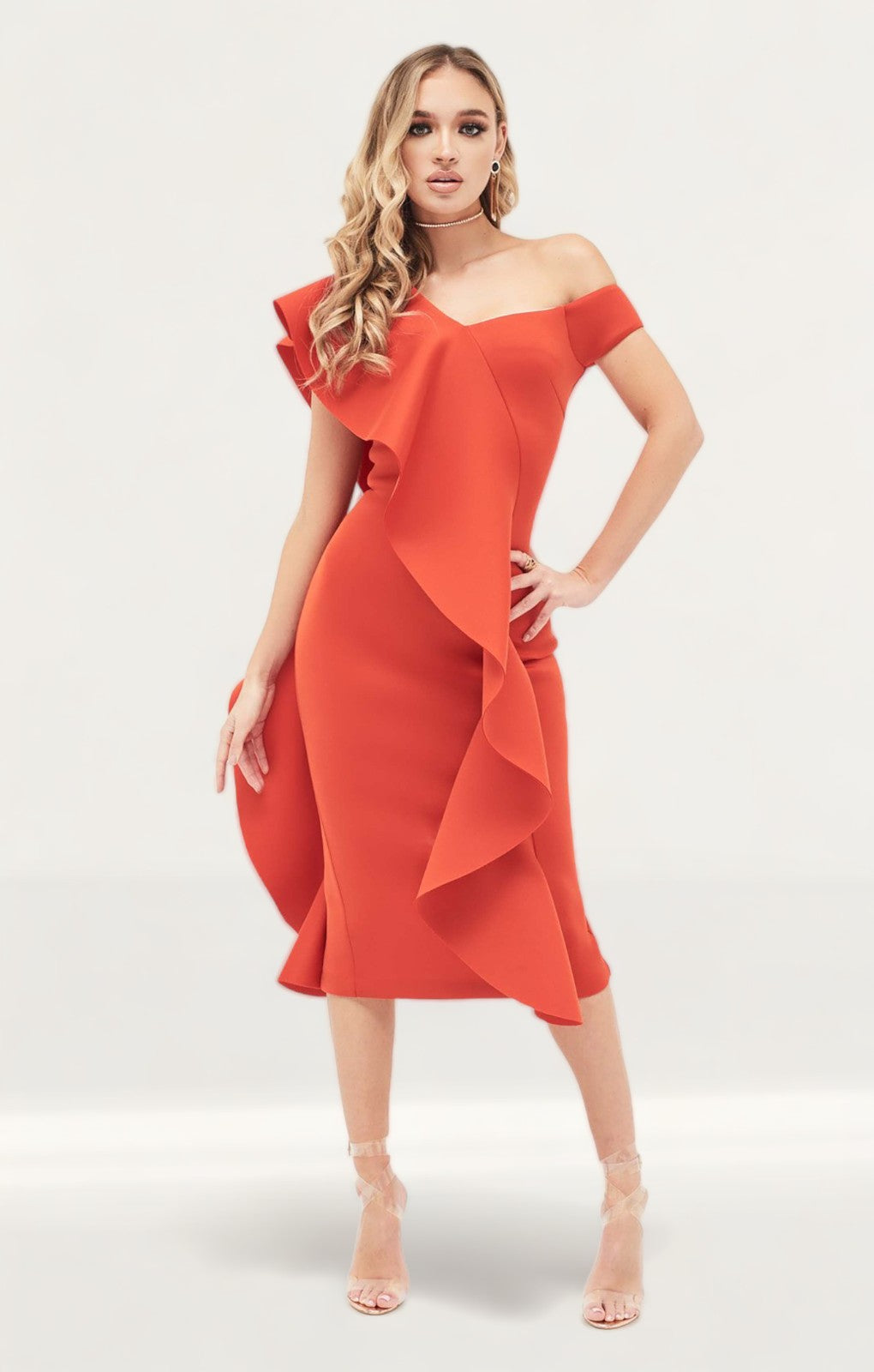 Lavish Alice Off The Shoulder Exaggerated Frill Scuba Midi Dress In Red product image